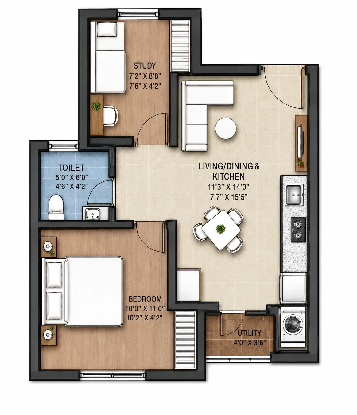 1.5 BHK+1T unit floor plan